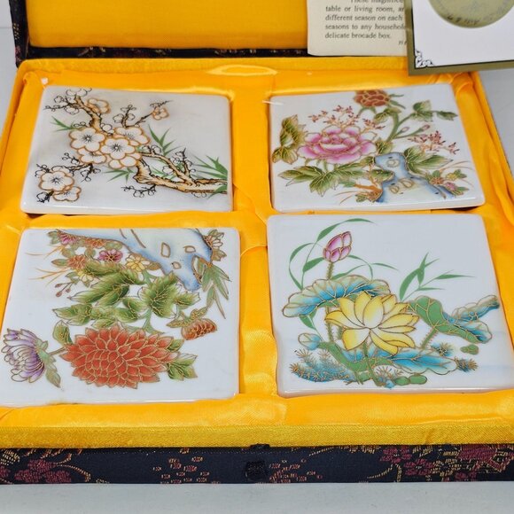 Yi Lin Arts & Treasures Ceramic Tile Coasters Flowers Of The Seasons Brocade Box - Picture 2 of 8